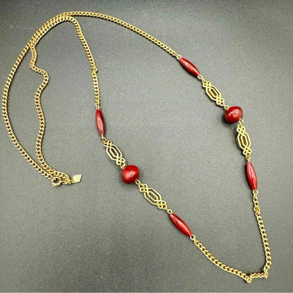Vintage Signed Sarah Cov Gold Tone and Red Resin Beads - Picture 1 of 9